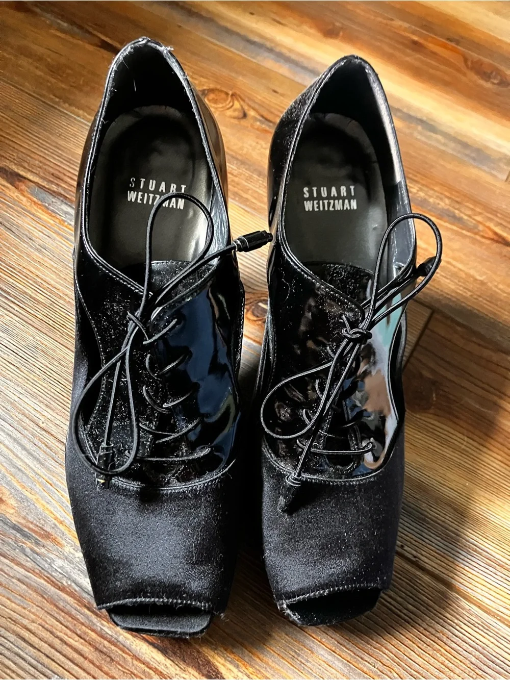 Stuart Weitzman Black Satin and Patent Lace-Up Peep-Toe Heels